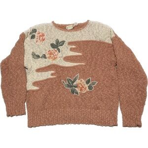 VTG 80s 90s Needles Yarn Knit Sweater Women’s Large Pink Floral Granny Cottage